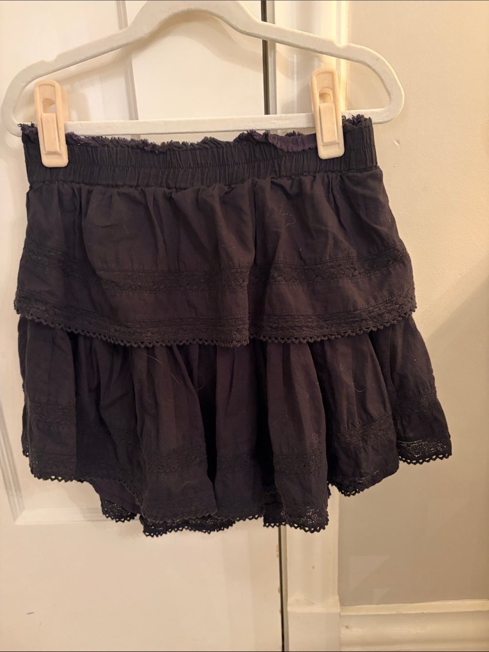 LoveShackFancy Black Tiered Lace-Trim Skirt